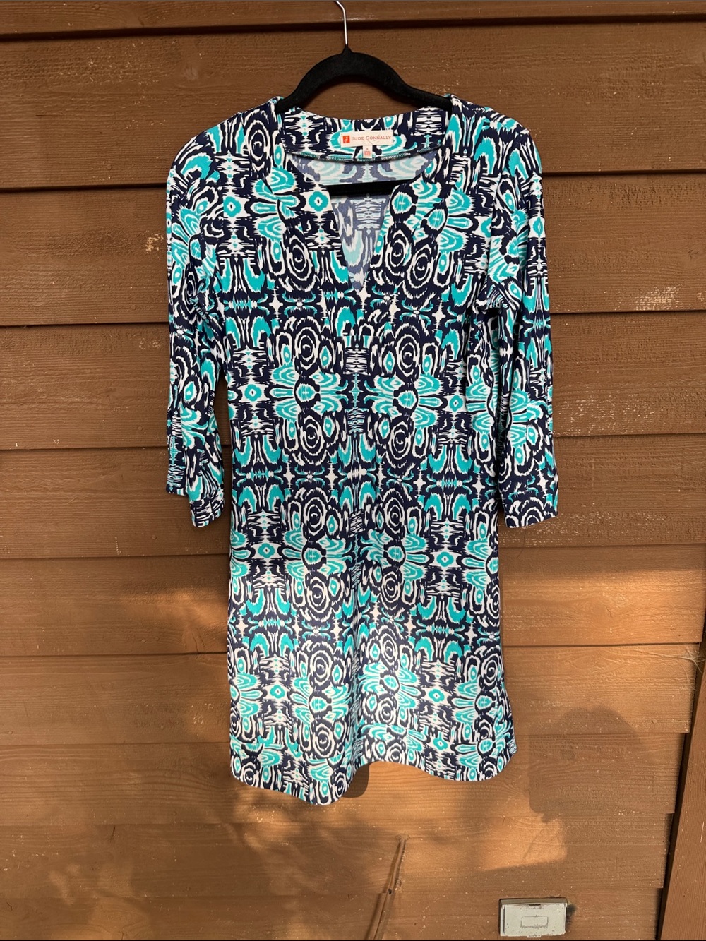 Jude Connally Teal & Navy Geometric V-Neck Long Sleeve Dress size small